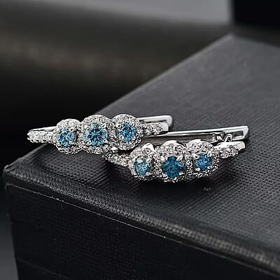 Luxuriant Lab Grown Blue Diamond (IR) and Lab Grown White Diamond VS 1.00 ctw Hoop Earrings in Rhodium Over Sterling Silver