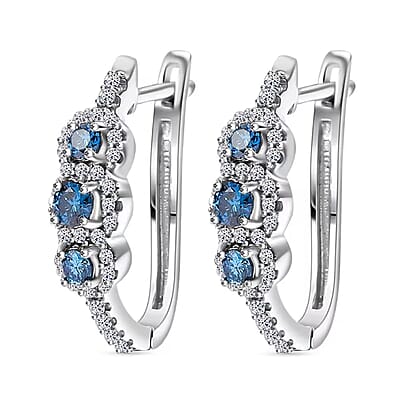 Luxuriant Lab Grown Blue Diamond (IR) and Lab Grown White Diamond VS 1.00 ctw Hoop Earrings in Rhodium Over Sterling Silver