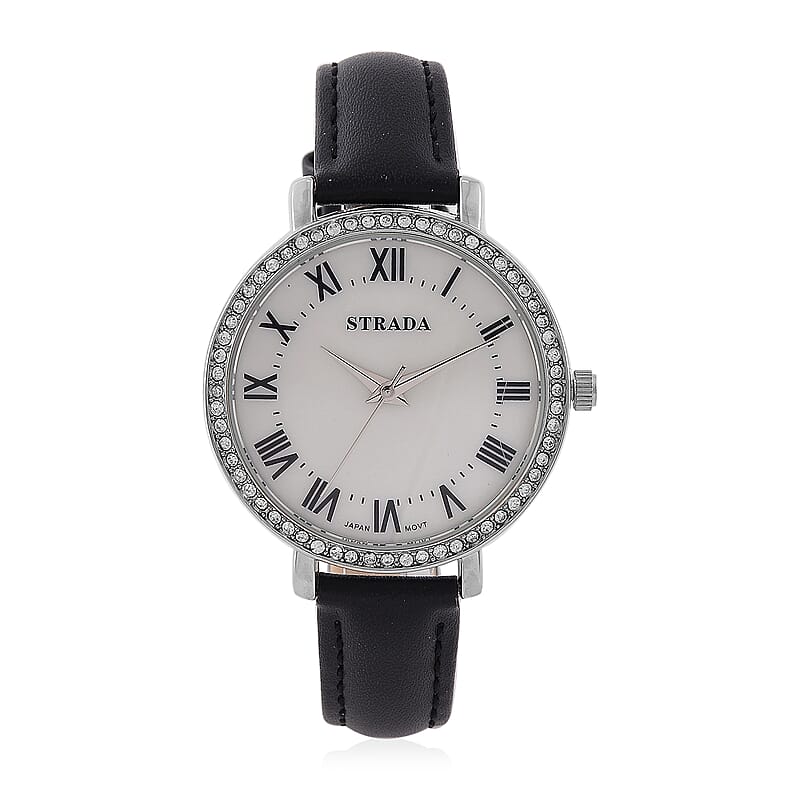 Strada Austrin Crystal Japanese Movement Roman Number Dial Watch with Black Faux Leather (38.10x38.10mm)