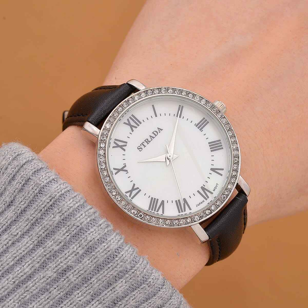 Strada Austrin Crystal Japanese Movement Roman Number Dial Watch with Black Faux Leather (38.10x38.10mm) image number 1