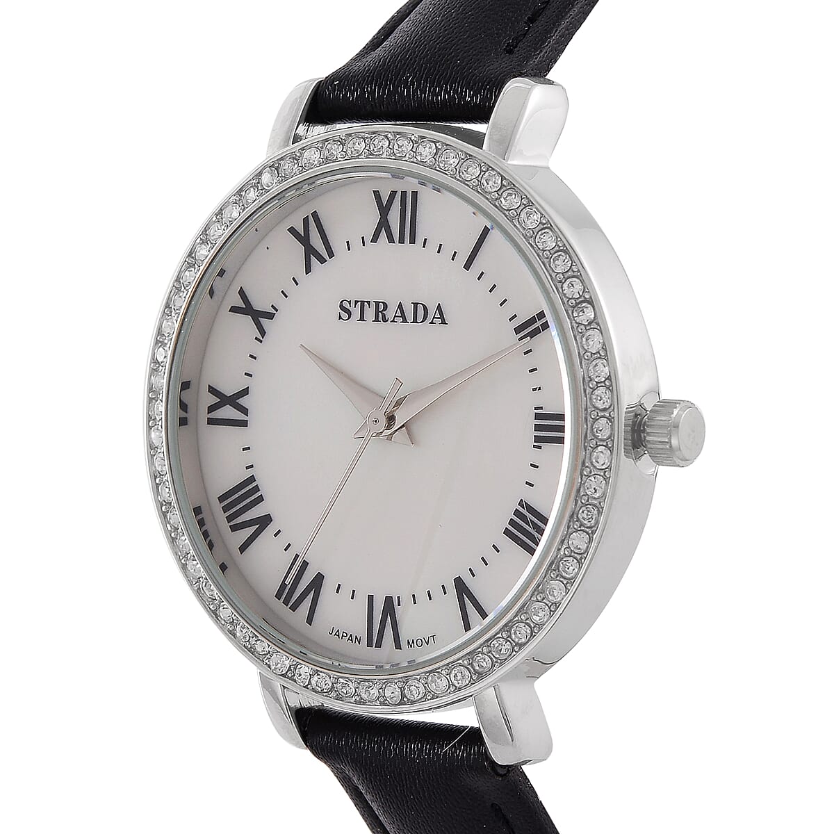 Strada Austrin Crystal Japanese Movement Roman Number Dial Watch with Black Faux Leather (38.10x38.10mm) image number 2