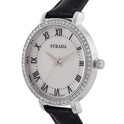 Strada Austrin Crystal Japanese Movement Roman Number Dial Watch with Black Faux Leather (38.10x38.10mm)