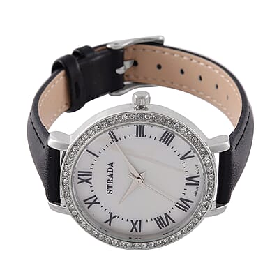 Strada Austrin Crystal Japanese Movement Roman Number Dial Watch with Black Faux Leather (38.10x38.10mm)