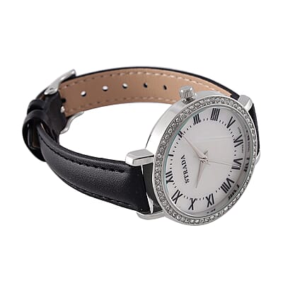 Strada Austrin Crystal Japanese Movement Roman Number Dial Watch with Black Faux Leather (38.10x38.10mm)