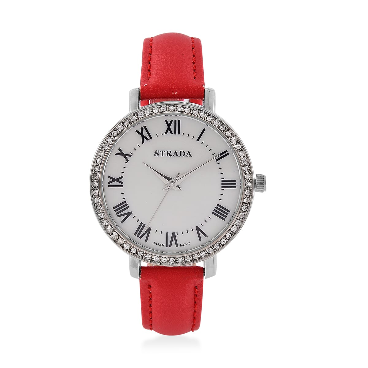 Strada Austrin Crystal Japanese Movement Roman Number Dial Watch with Red Faux Leather (38.10x38.10mm) image number 0
