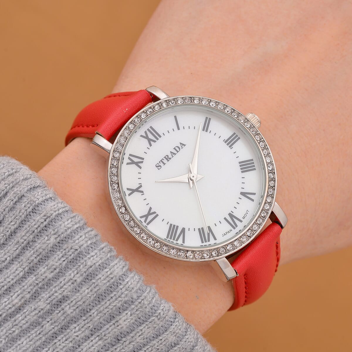 Strada Austrin Crystal Japanese Movement Roman Number Dial Watch with Red Faux Leather (38.10x38.10mm) image number 1