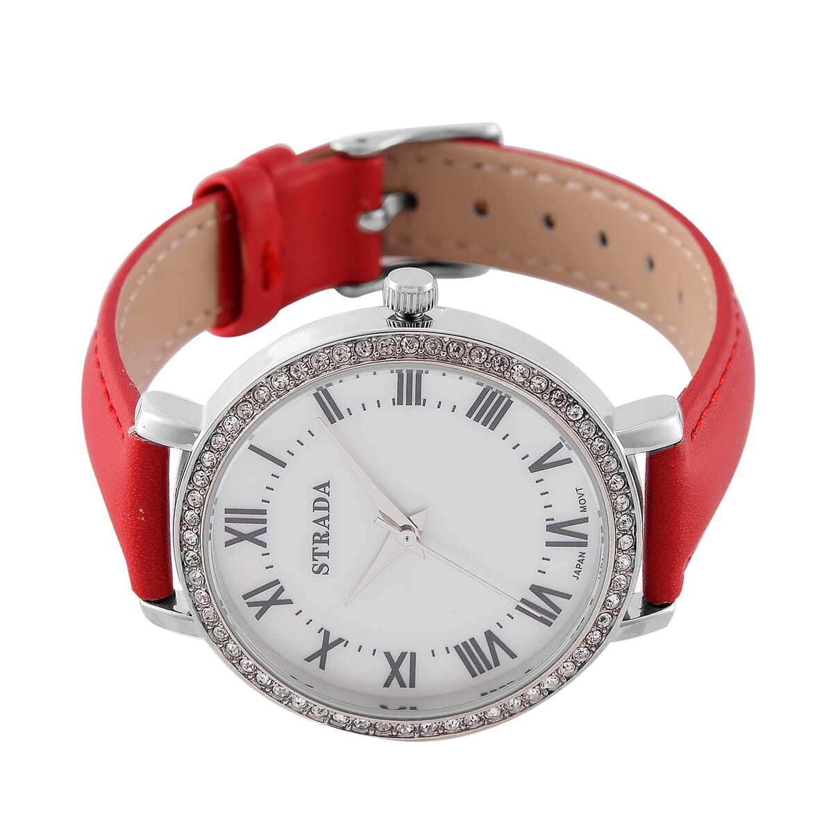 Strada Austrin Crystal Japanese Movement Roman Number Dial Watch with Red Faux Leather (38.10x38.10mm) image number 3