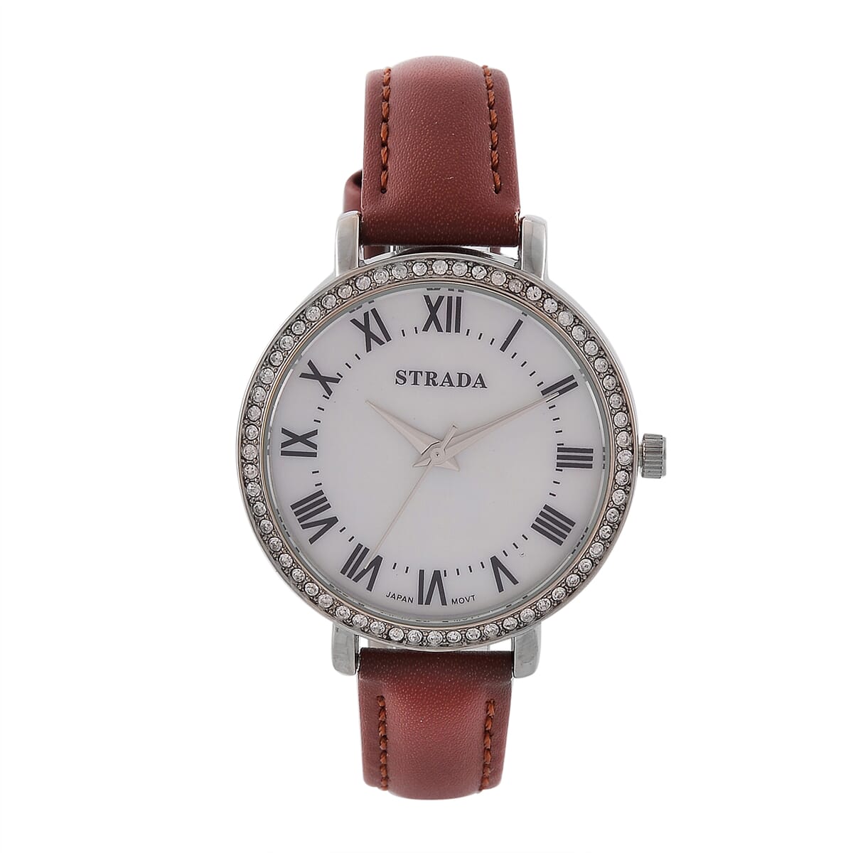 Strada Austrin Crystal Japanese Movement Roman Number Dial Watch with Brown Faux Leather (38.10x38.10mm) image number 0