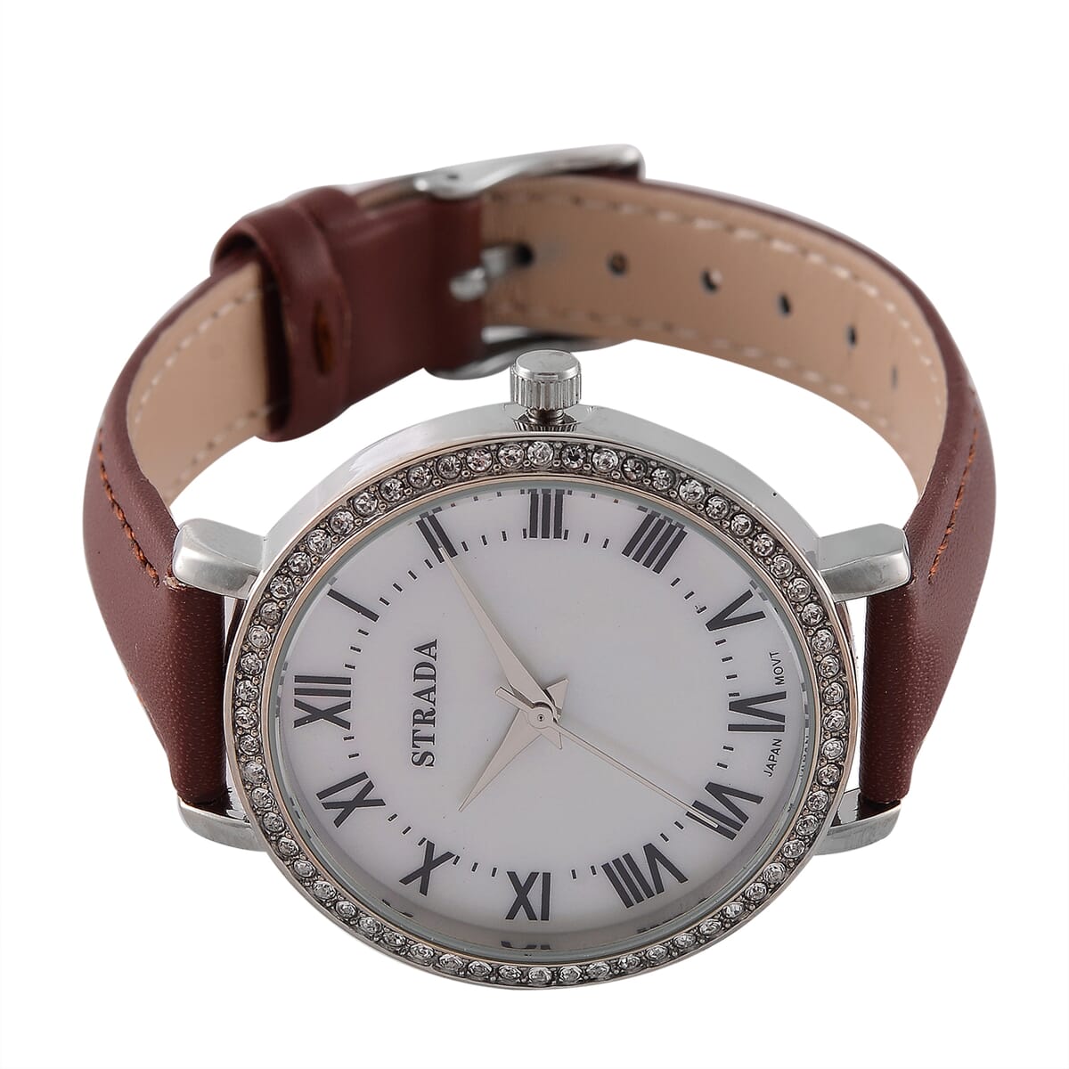 Strada Austrin Crystal Japanese Movement Roman Number Dial Watch with Brown Faux Leather (38.10x38.10mm) image number 3
