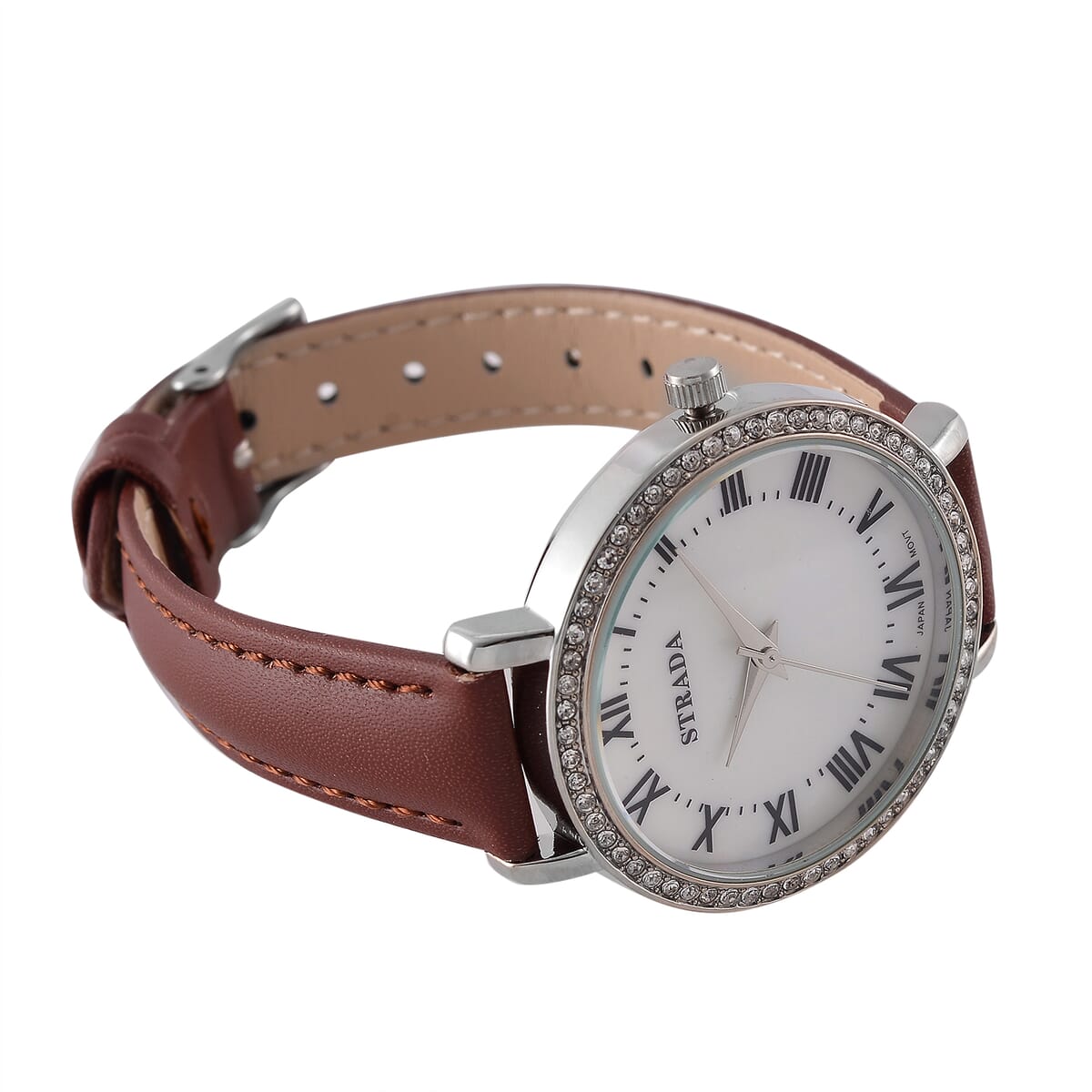 Strada Austrin Crystal Japanese Movement Roman Number Dial Watch with Brown Faux Leather (38.10x38.10mm) image number 4