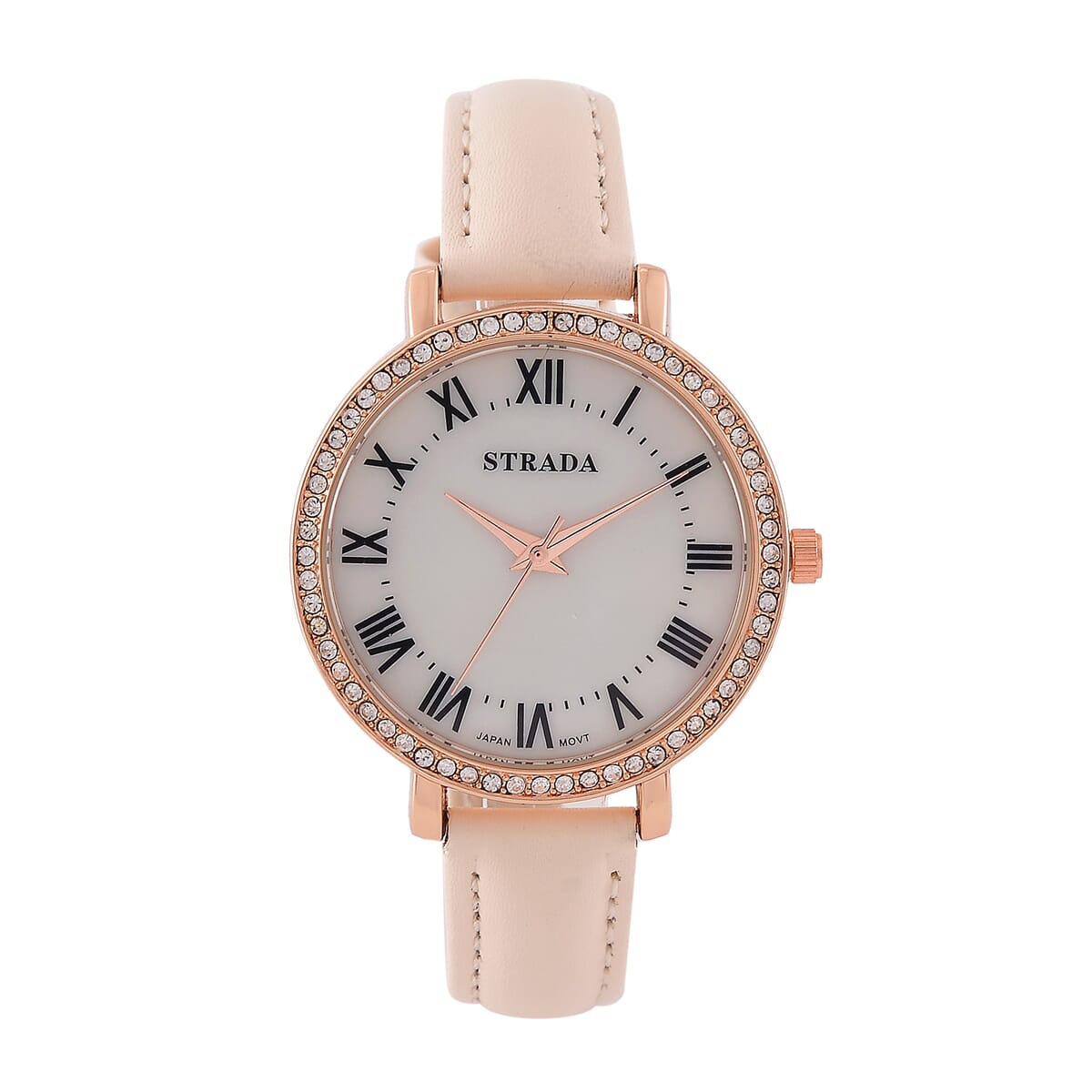 Strada Austrin Crystal Japanese Movement Roman Number Dial Watch with White Faux Leather (38.10x38.10mm) image number 0