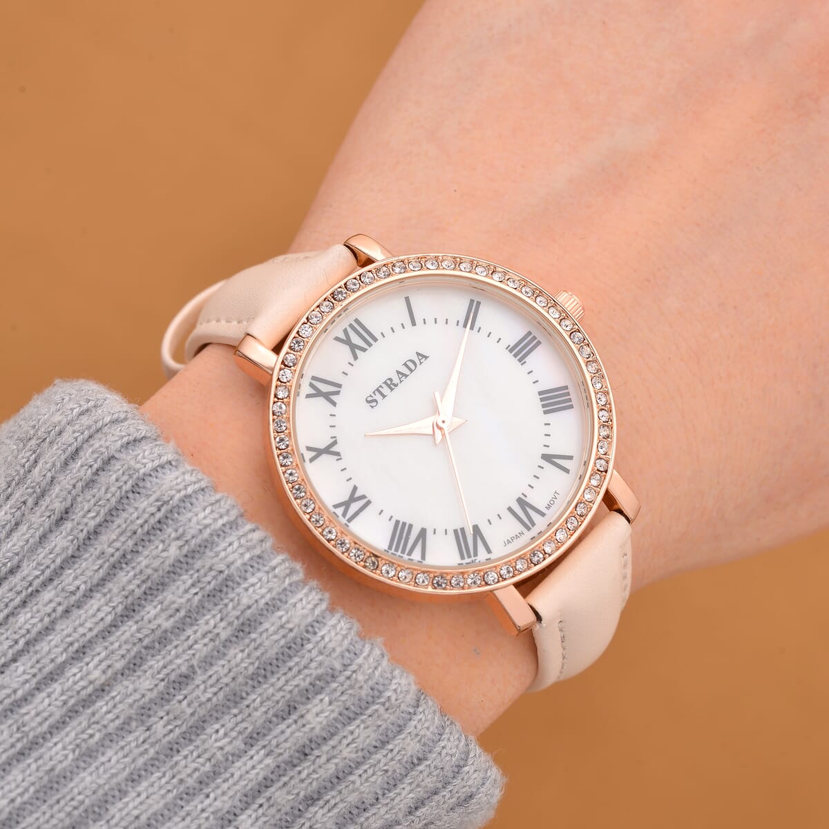 Strada Austrin Crystal Japanese Movement Roman Number Dial Watch with White Faux Leather (38.10x38.10mm) image number 1