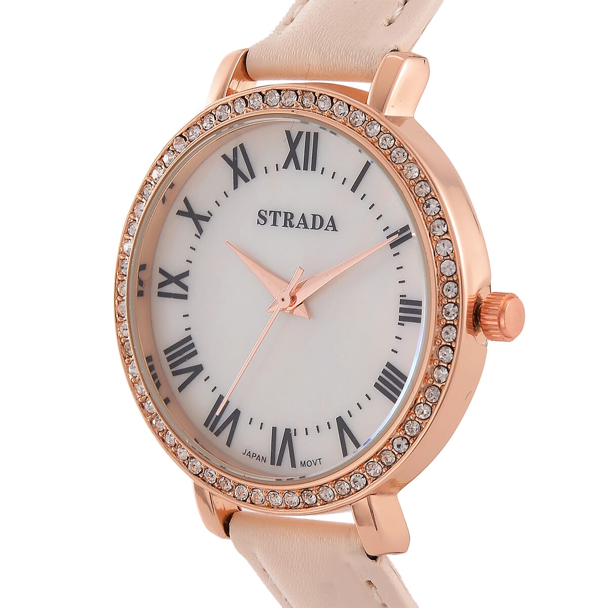 Strada Austrin Crystal Japanese Movement Roman Number Dial Watch with White Faux Leather (38.10x38.10mm) image number 2