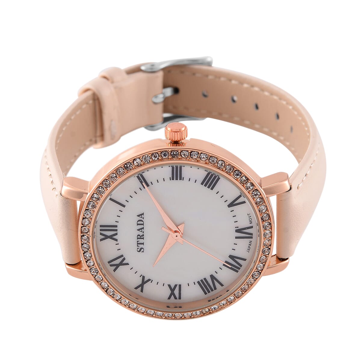 Strada Austrin Crystal Japanese Movement Roman Number Dial Watch with White Faux Leather (38.10x38.10mm) image number 3