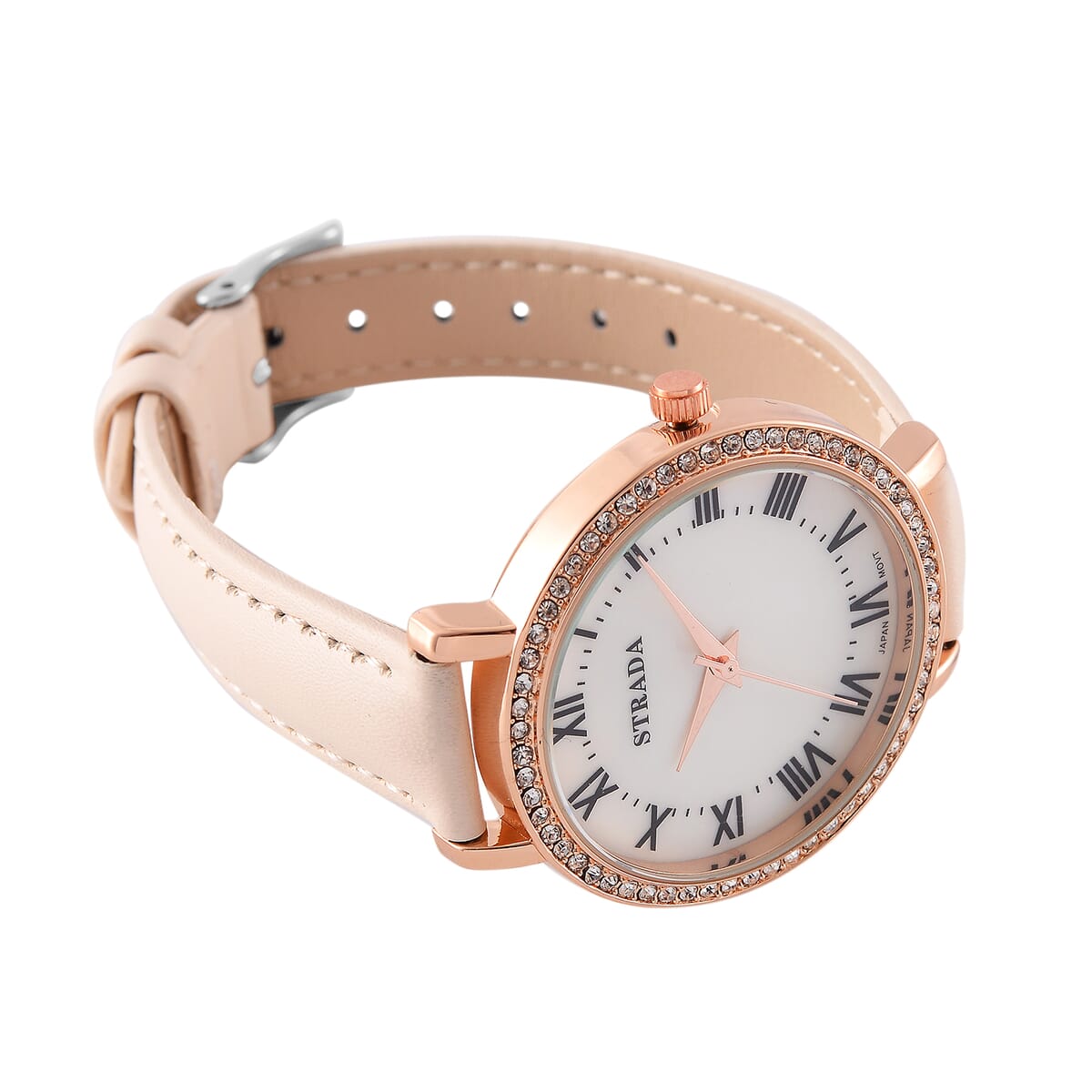Strada Austrin Crystal Japanese Movement Roman Number Dial Watch with White Faux Leather (38.10x38.10mm) image number 4