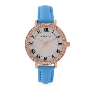 Strada Austrin Crystal Japanese Movement Roman Number Dial Watch with Blue Faux Leather (38.10x38.10mm)