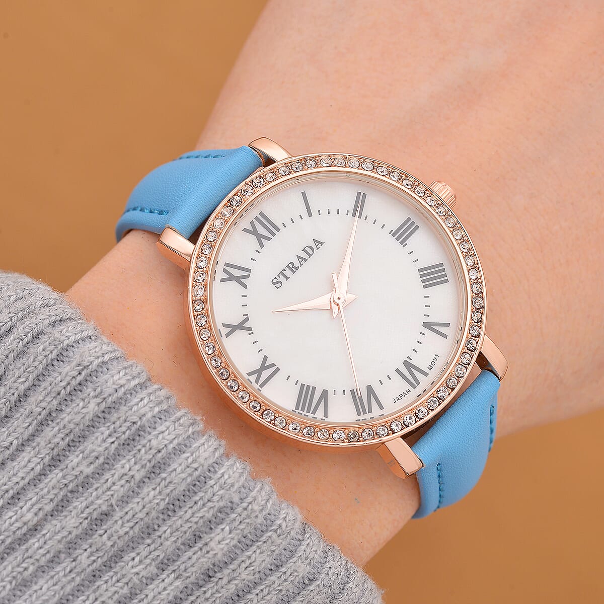 Strada Austrin Crystal Japanese Movement Roman Number Dial Watch with Blue Faux Leather (38.10x38.10mm) image number 1
