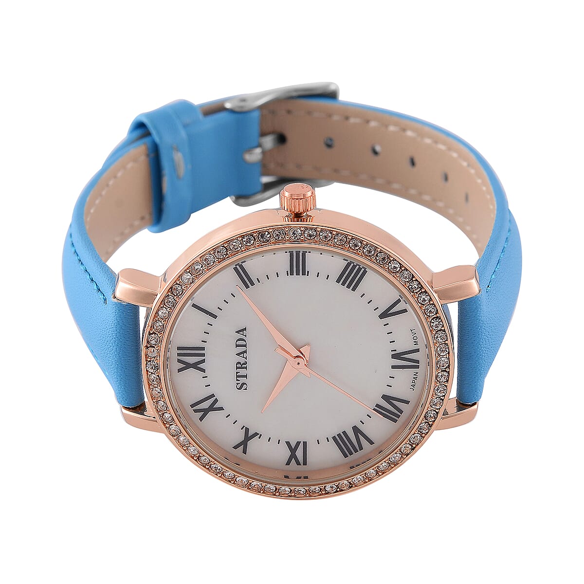 Strada Austrin Crystal Japanese Movement Roman Number Dial Watch with Blue Faux Leather (38.10x38.10mm) image number 3