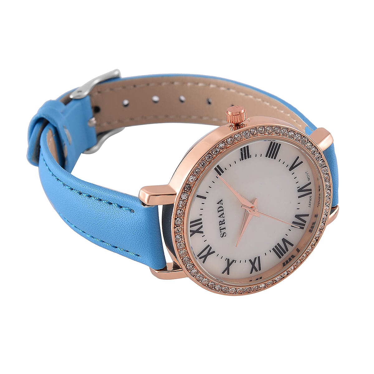 Strada Austrin Crystal Japanese Movement Roman Number Dial Watch with Blue Faux Leather (38.10x38.10mm) image number 4