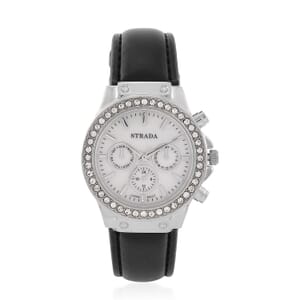 Strada Austrian Crystal Japanese Movement Watch with Black Faux Leather Strap