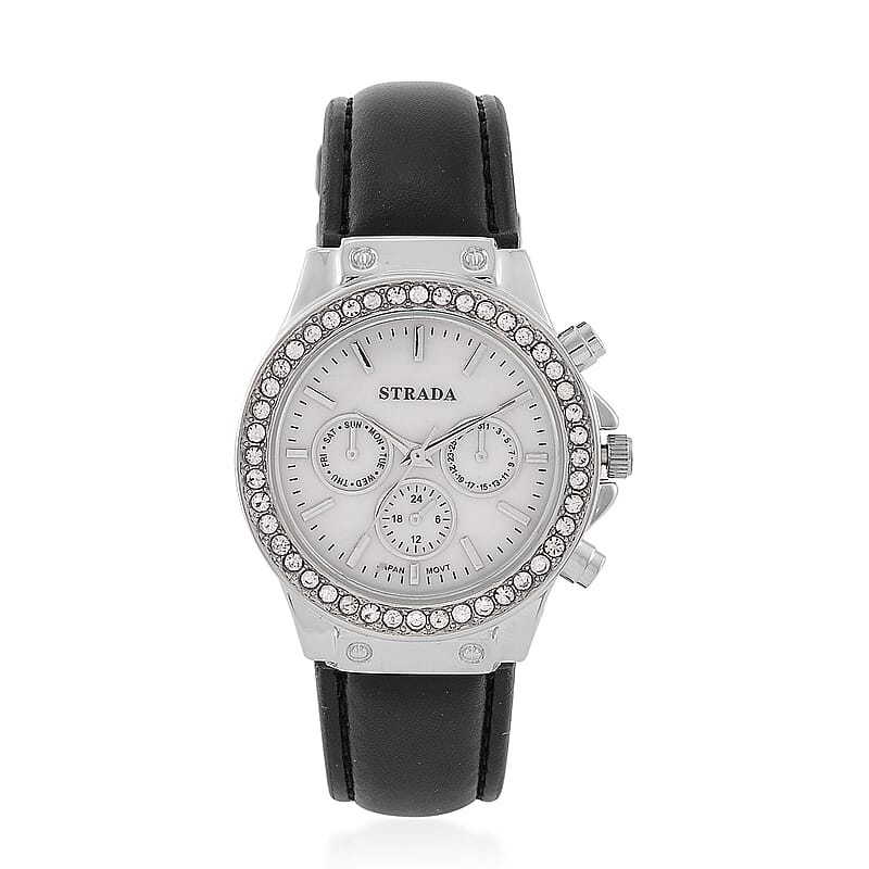 Strada Austrian Crystal Japanese Movement Watch with Black Faux Leather Strap