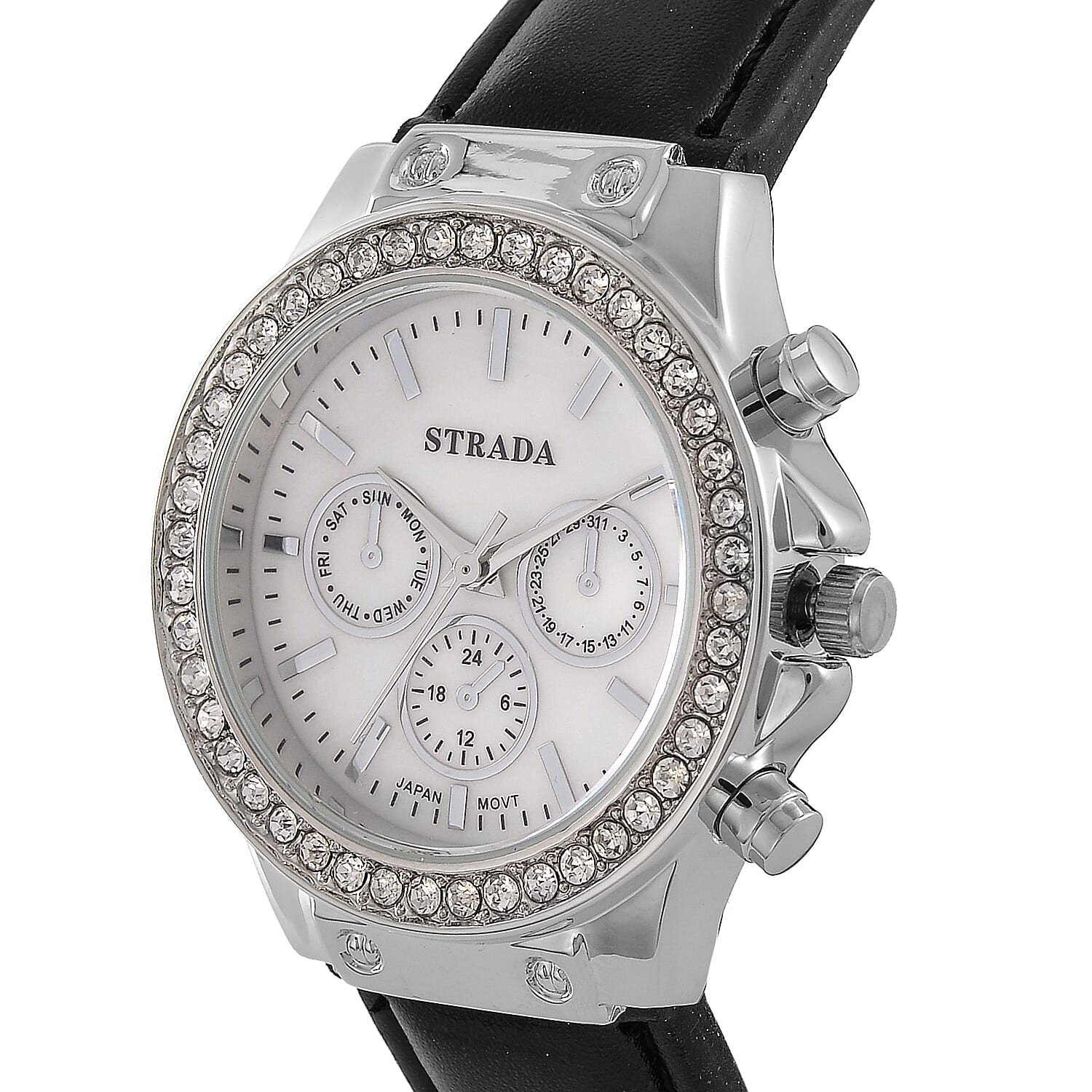 Strada Austrian Crystal Japanese Movement Watch with Black Faux Leather Strap