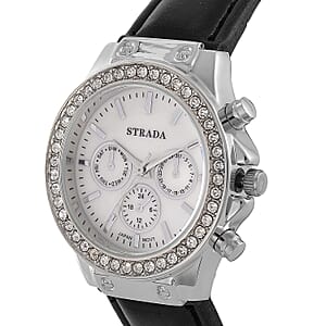 Strada Austrian Crystal Japanese Movement Watch with Black Faux Leather Strap