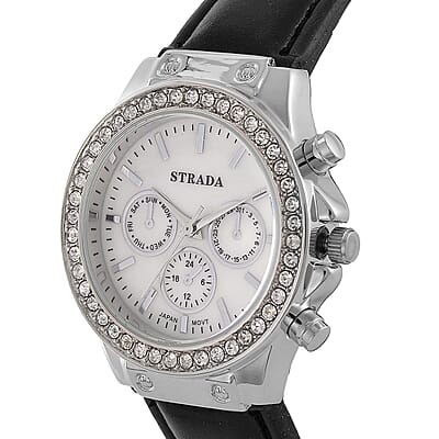 Strada Austrian Crystal Japanese Movement Watch with Black Faux Leather Strap
