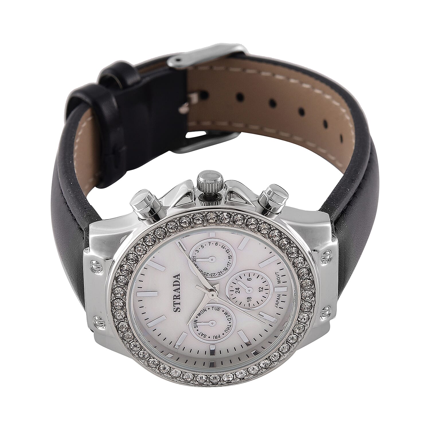 Strada Austrian Crystal Japanese Movement Watch with Black Faux Leather Strap