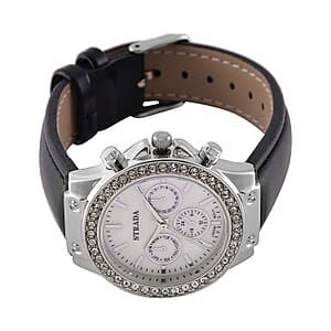 Strada Austrian Crystal Japanese Movement Watch with Black Faux Leather Strap