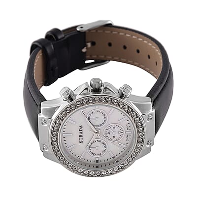 Strada Austrian Crystal Japanese Movement Watch with Black Faux Leather Strap