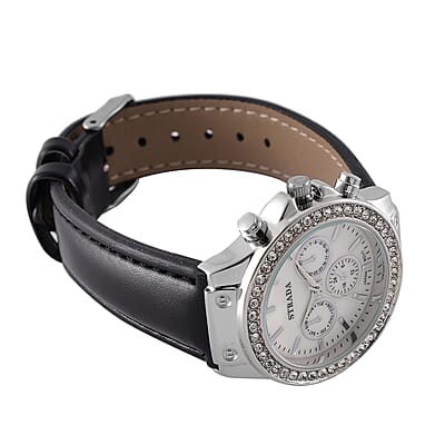 Strada Austrian Crystal Japanese Movement Watch with Black Faux Leather Strap