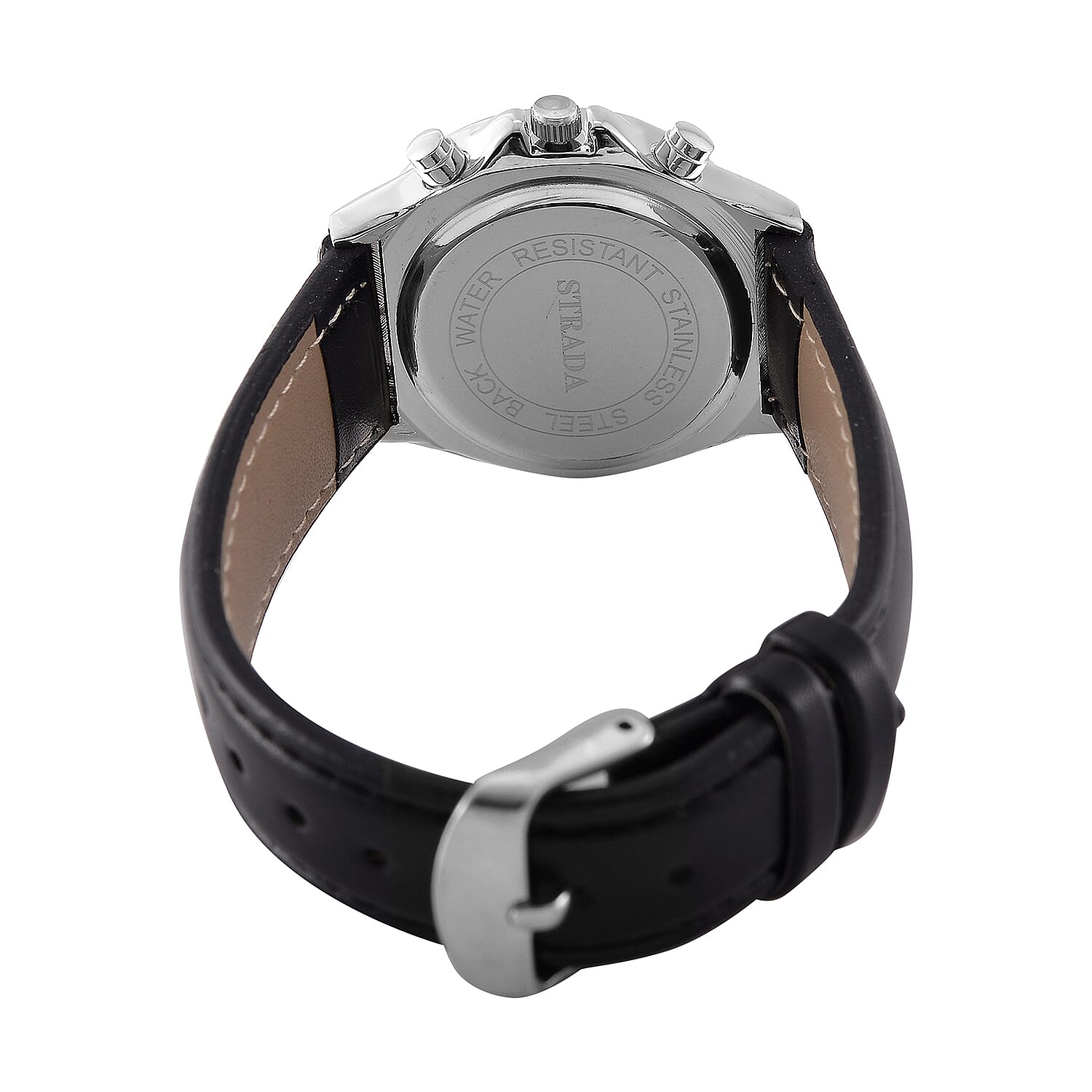 Strada Austrian Crystal Japanese Movement Watch with Black Faux Leather Strap
