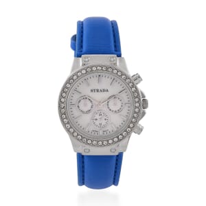 Strada Austrian Crystal Japanese Movement Watch with Blue Faux Leather Strap