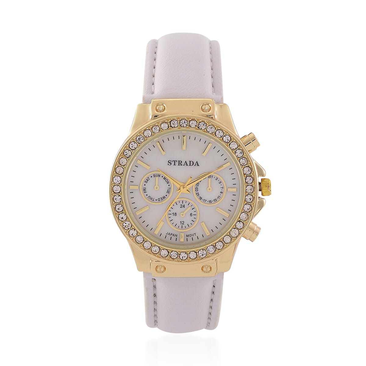 Strada Austrian Crystal Japanese Movement Watch with White Faux Leather Strap image number 0