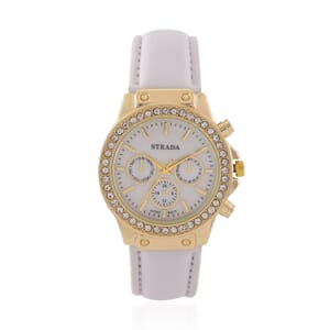Strada Austrian Crystal Japanese Movement Watch with White Faux Leather Strap