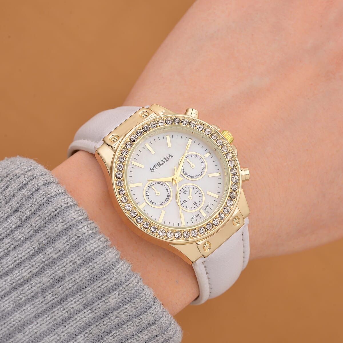 Strada Austrian Crystal Japanese Movement Watch with White Faux Leather Strap image number 1