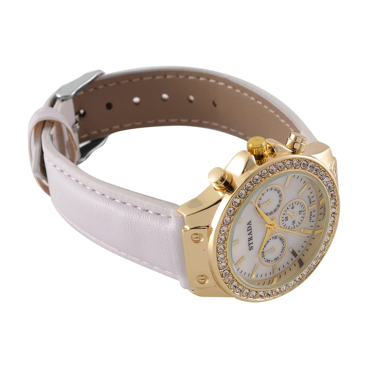 Strada Austrian Crystal Japanese Movement Watch with White Faux Leather Strap image number 4