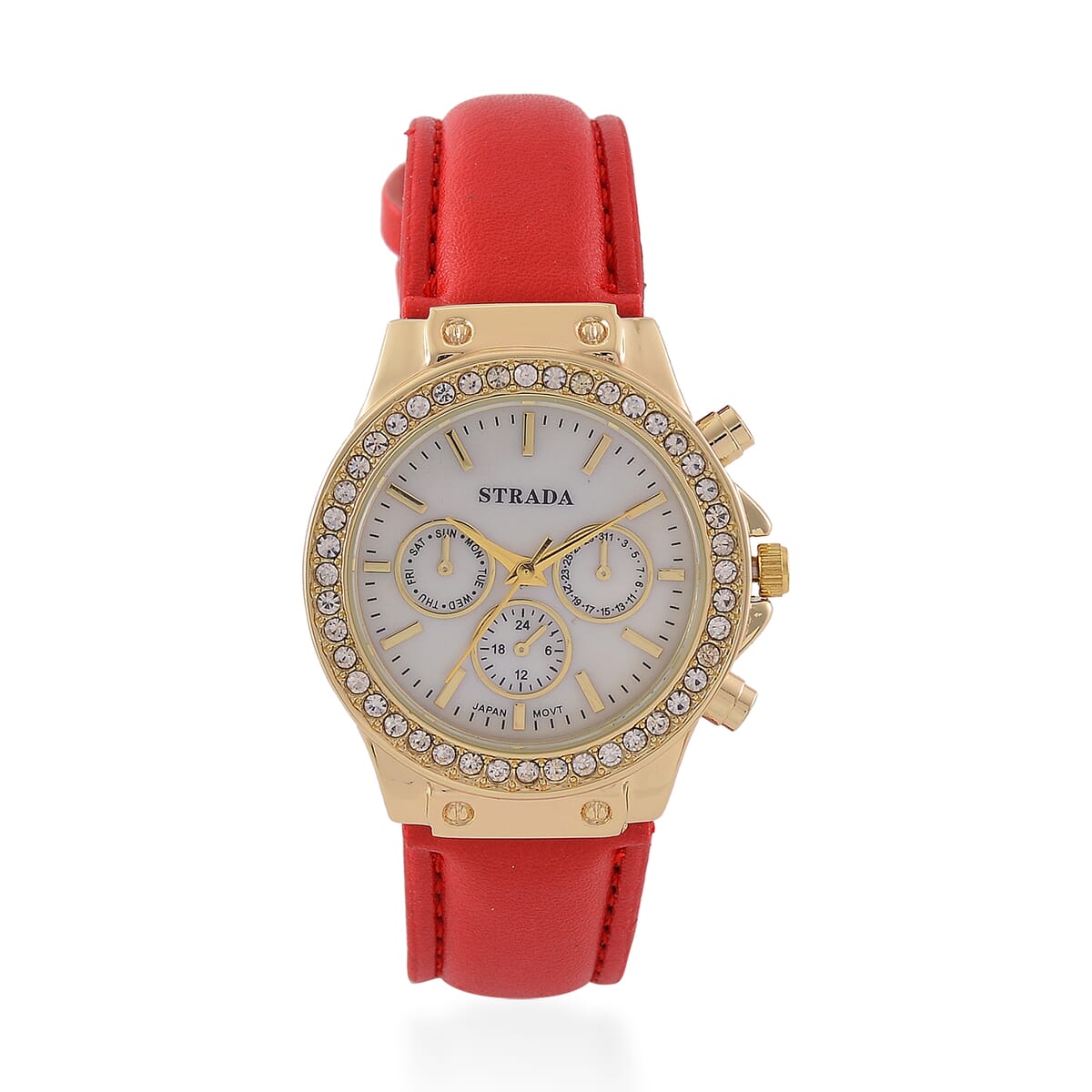 Strada Austrian Crystal Japanese Movement Watch with Red Faux Leather Strap image number 0
