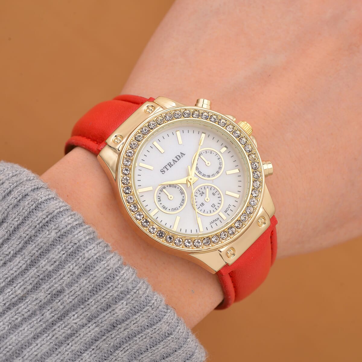 Strada Austrian Crystal Japanese Movement Watch with Red Faux Leather Strap image number 1