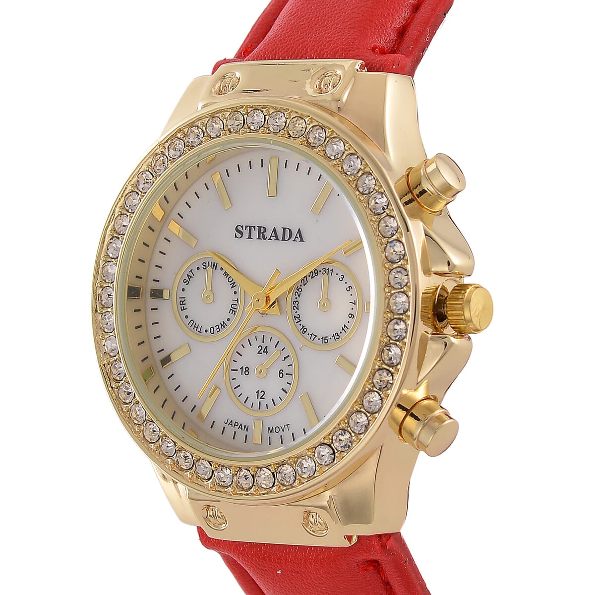 Strada Austrian Crystal Japanese Movement Watch with Red Faux Leather Strap image number 2