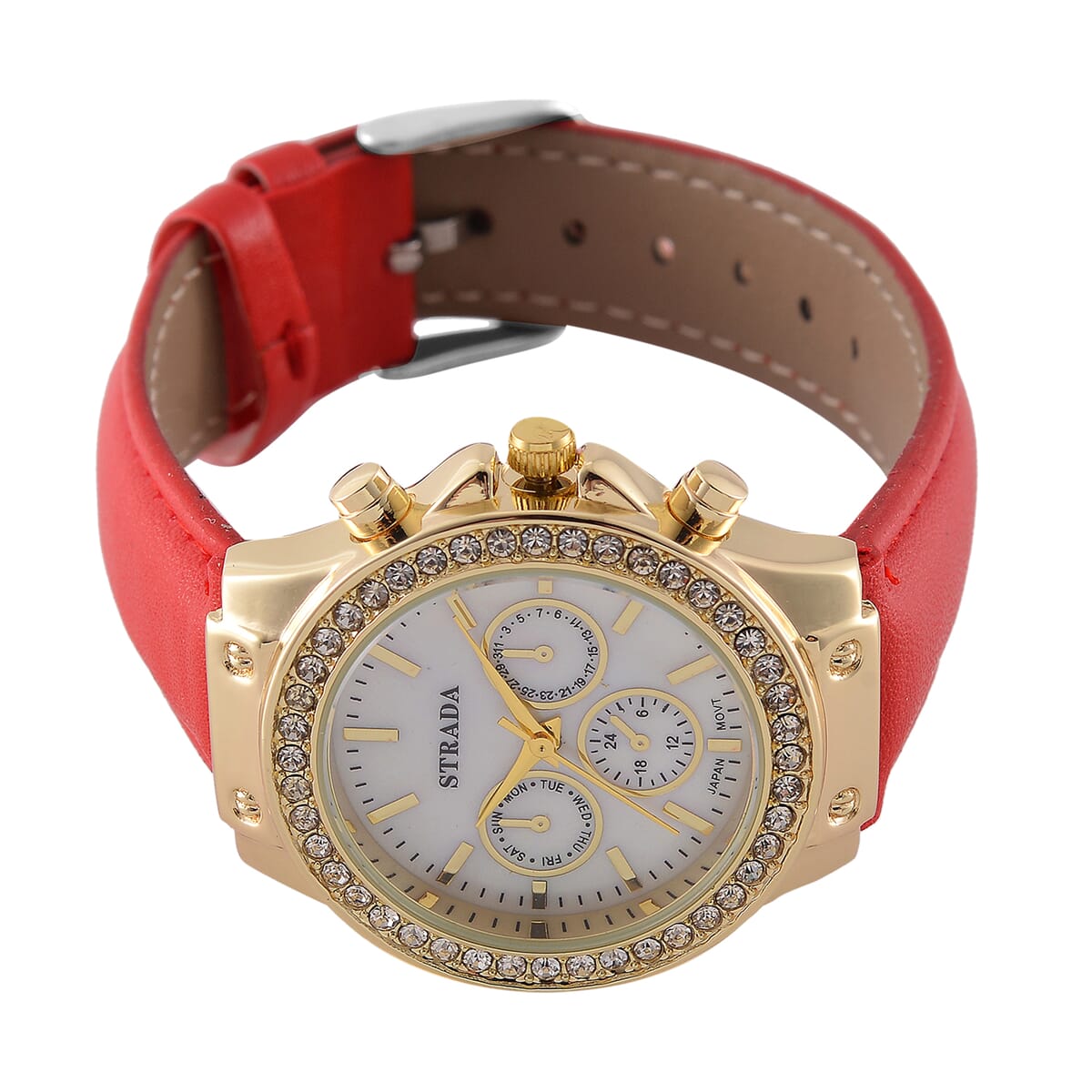 Strada Austrian Crystal Japanese Movement Watch with Red Faux Leather Strap image number 3