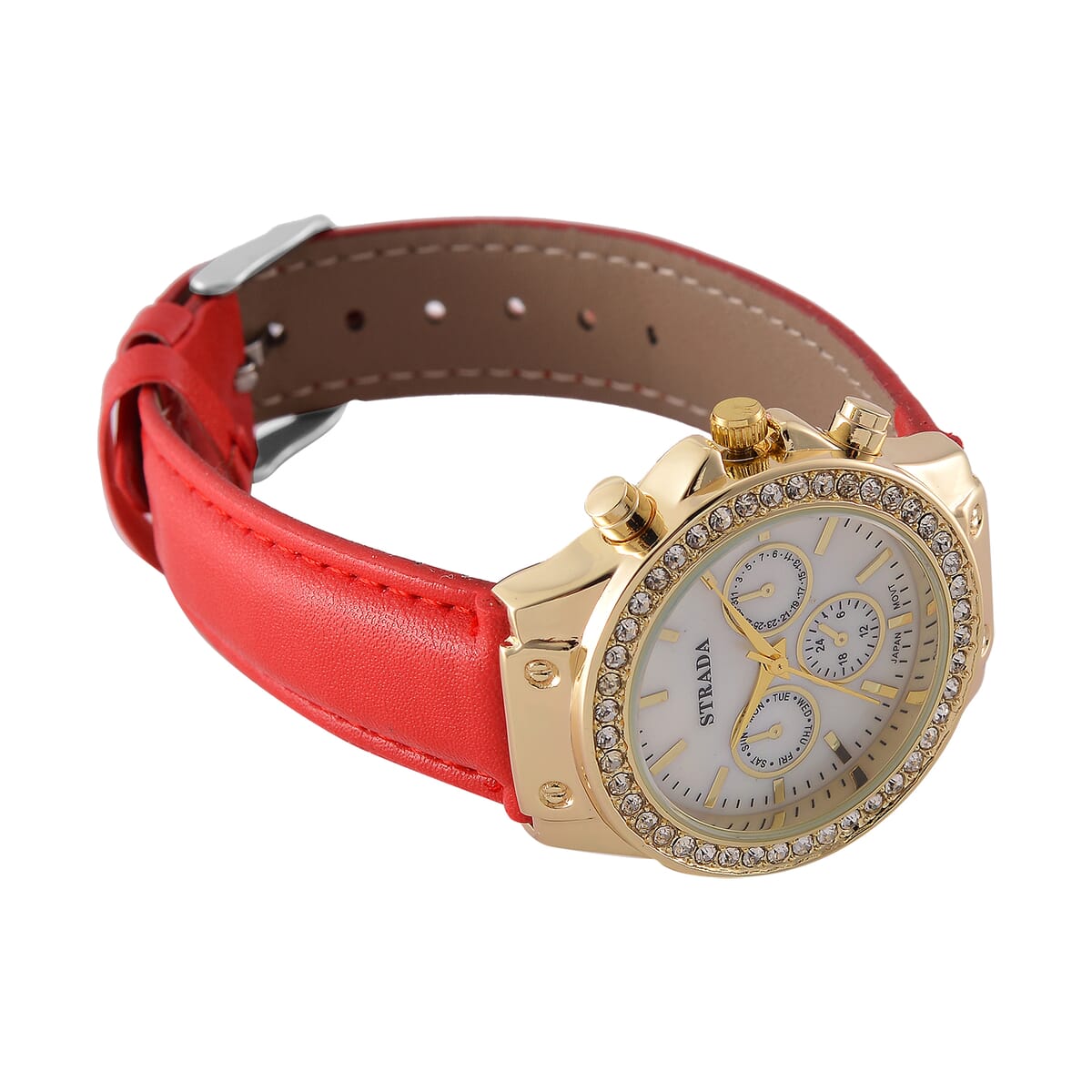 Strada Austrian Crystal Japanese Movement Watch with Red Faux Leather Strap image number 4