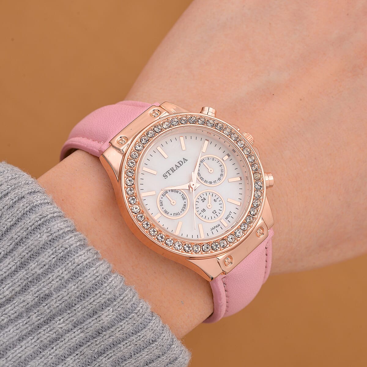 Strada Austrian Crystal Japanese Movement Watch with Pink Faux Leather Strap image number 1