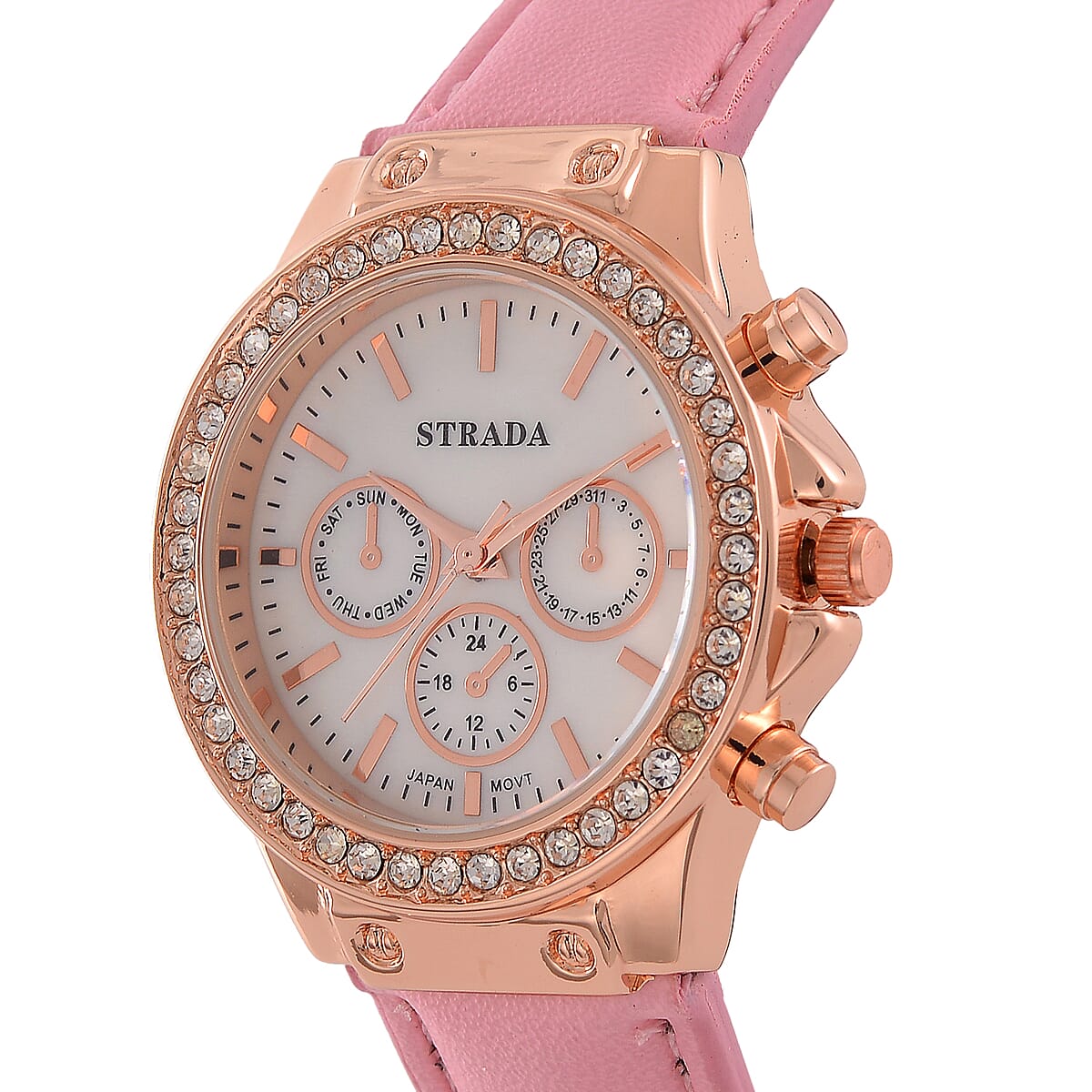 Strada Austrian Crystal Japanese Movement Watch with Pink Faux Leather Strap image number 2