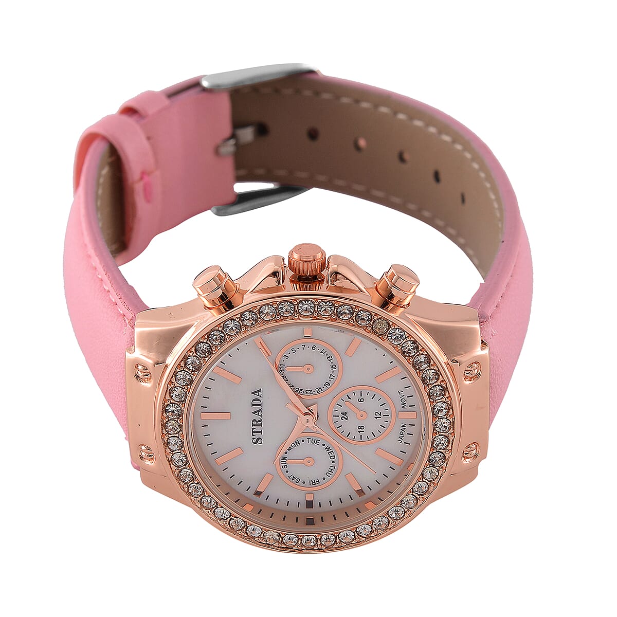 Strada Austrian Crystal Japanese Movement Watch with Pink Faux Leather Strap image number 3