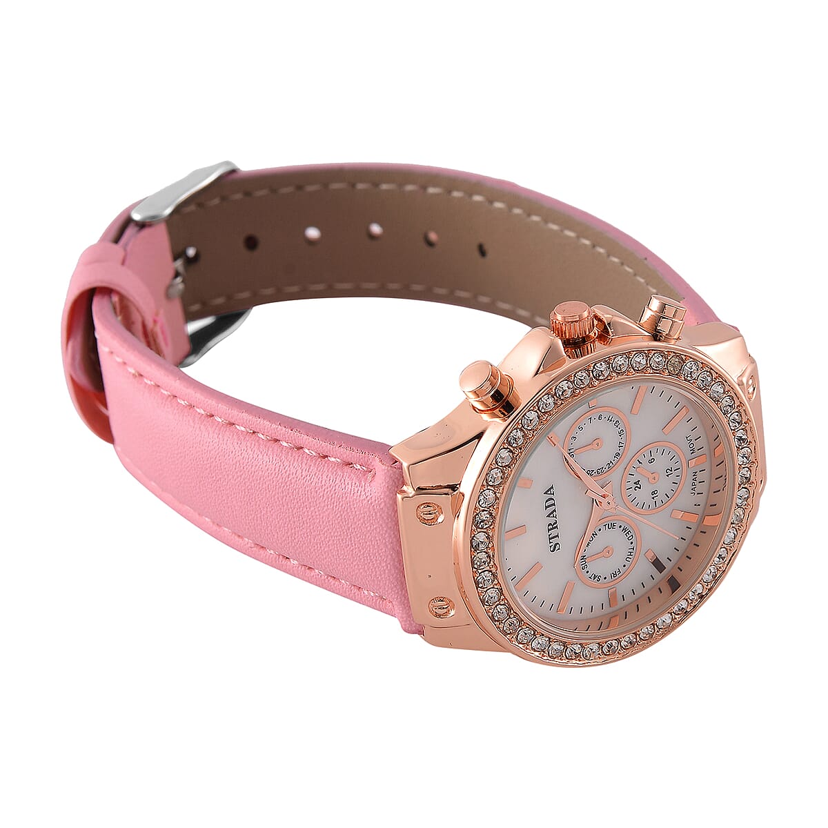 Strada Austrian Crystal Japanese Movement Watch with Pink Faux Leather Strap image number 4