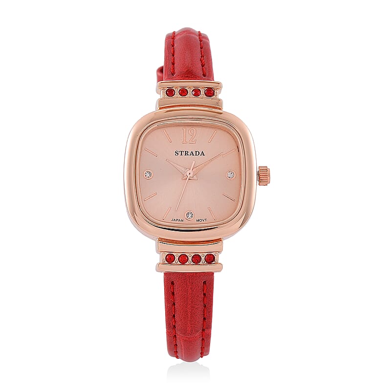 Strada White and Red Austrian Crystal Japanese Movement Watch with Wine Red Faux Leather Strap (34.80mm) (7.00-8.00 Inches)