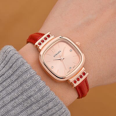 Strada White and Red Austrian Crystal Japanese Movement Watch with Wine Red Faux Leather Strap (34.80mm) (7.00-8.00 Inches)