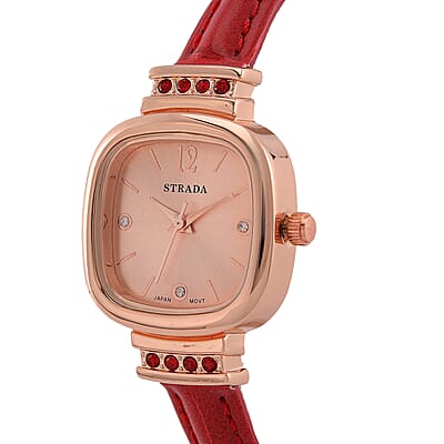 Strada White and Red Austrian Crystal Japanese Movement Watch with Wine Red Faux Leather Strap (34.80mm) (7.00-8.00 Inches)